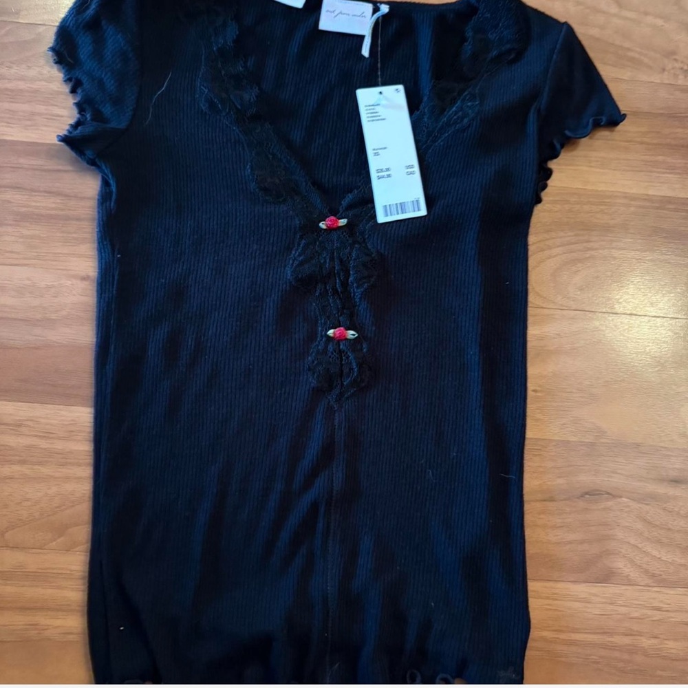 Urban Outfitters Out From Under Black Lace Trim Top with rose accents. NWT.